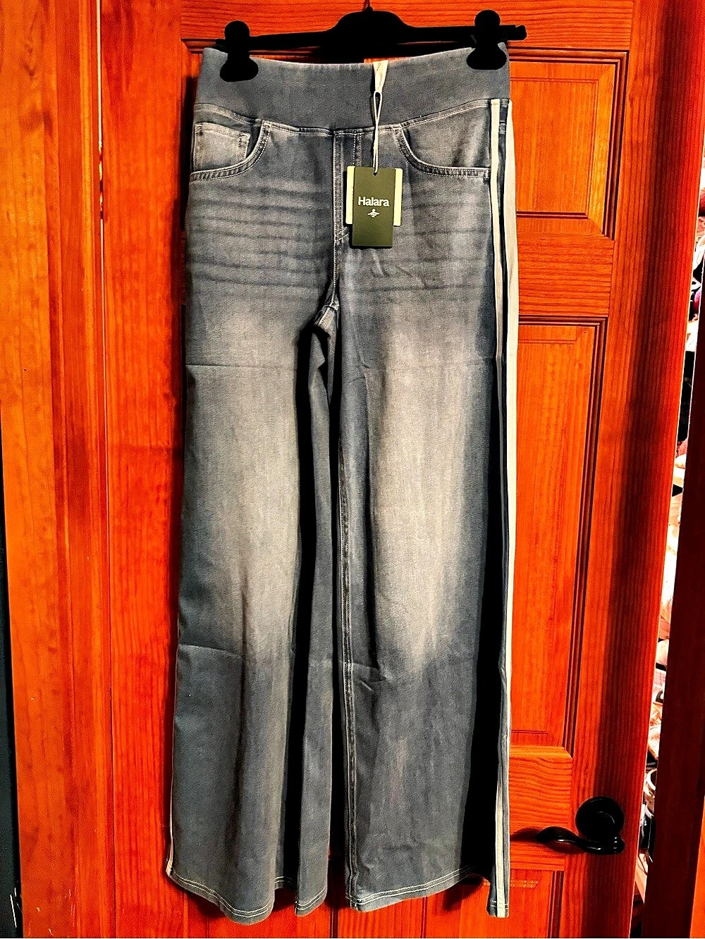 Halara Flex High Waisted Stripe Wide Leg Flowy Washed Casual Jeans with Pockets